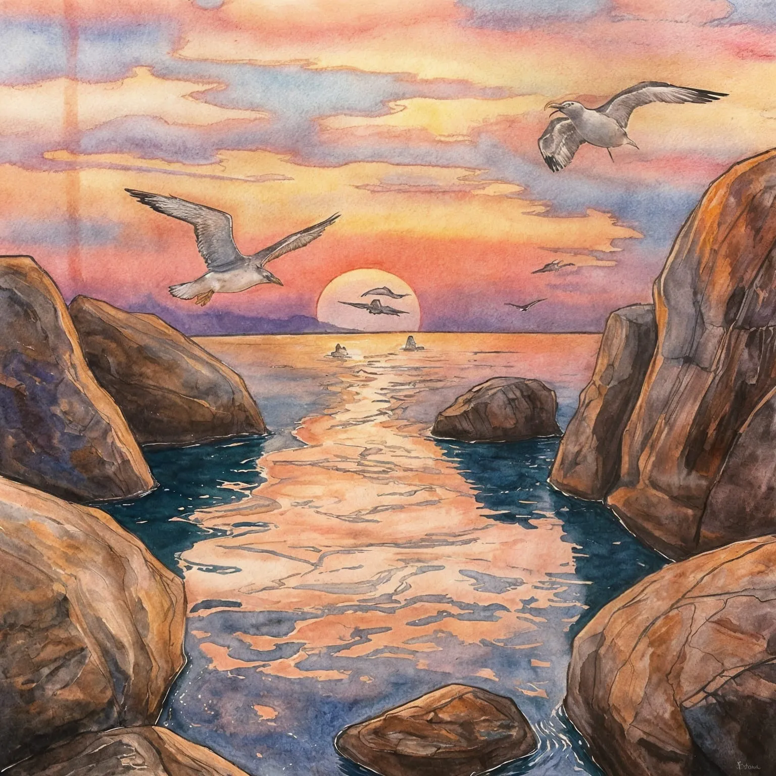 Seaside sunset with gulls artwork