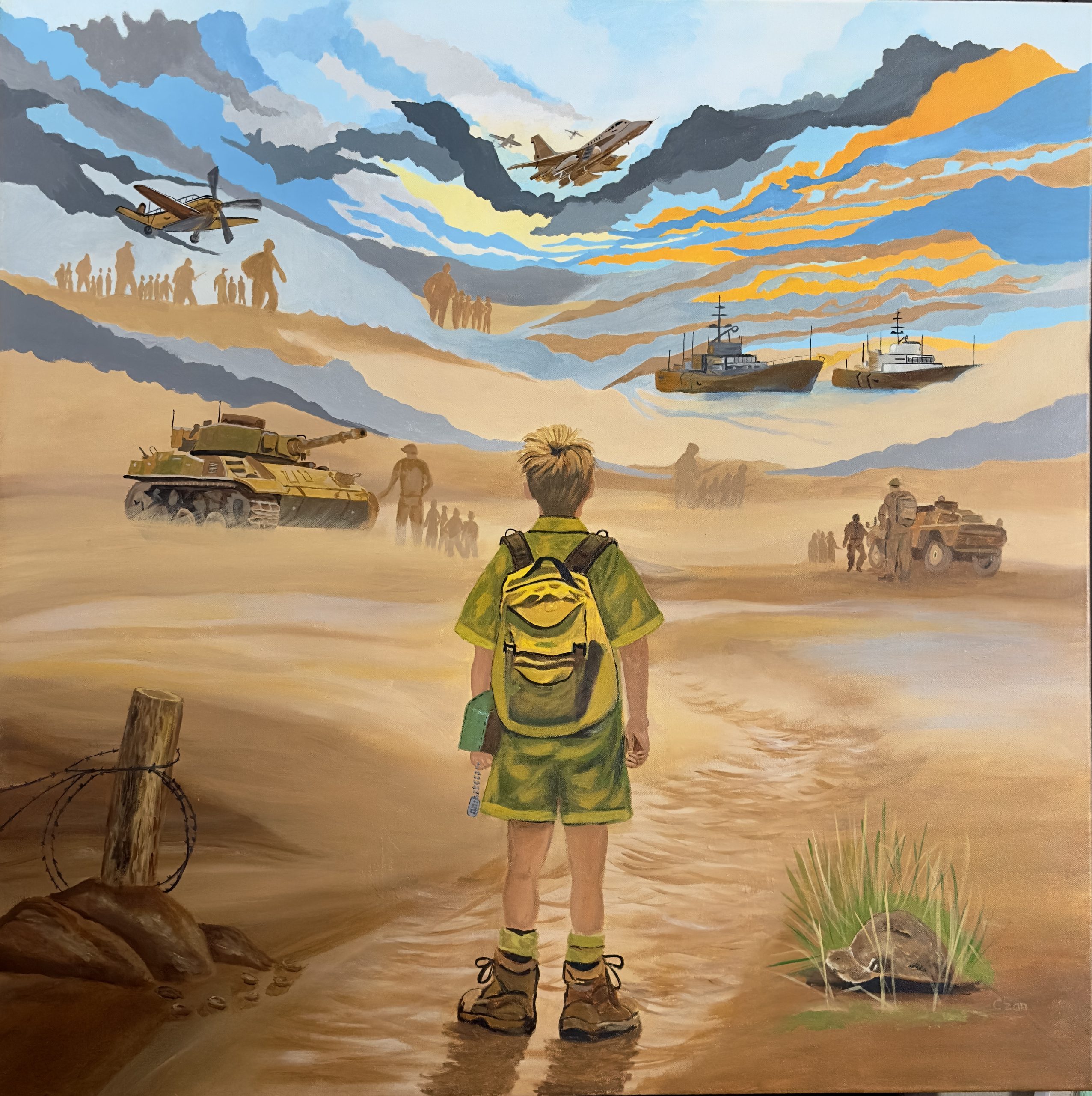 Young boy facing scenes of conflict beneath an expansive sky