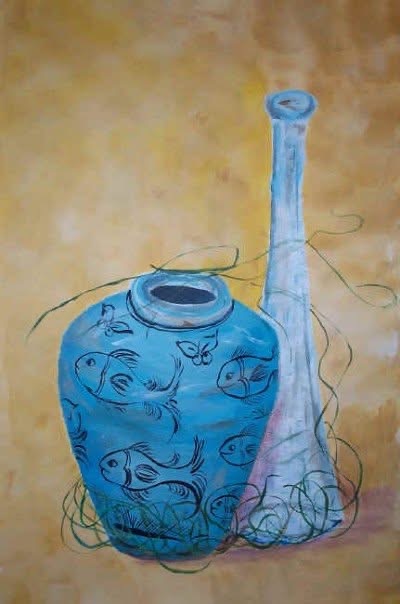 Blue ceramic still life artwork