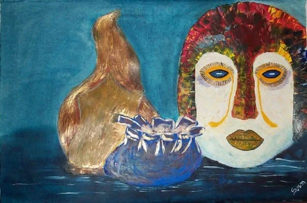 Clay mask and pots artwork