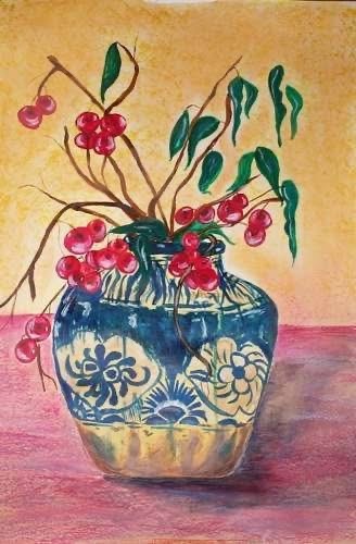 Cherries and Chinese pot artwork