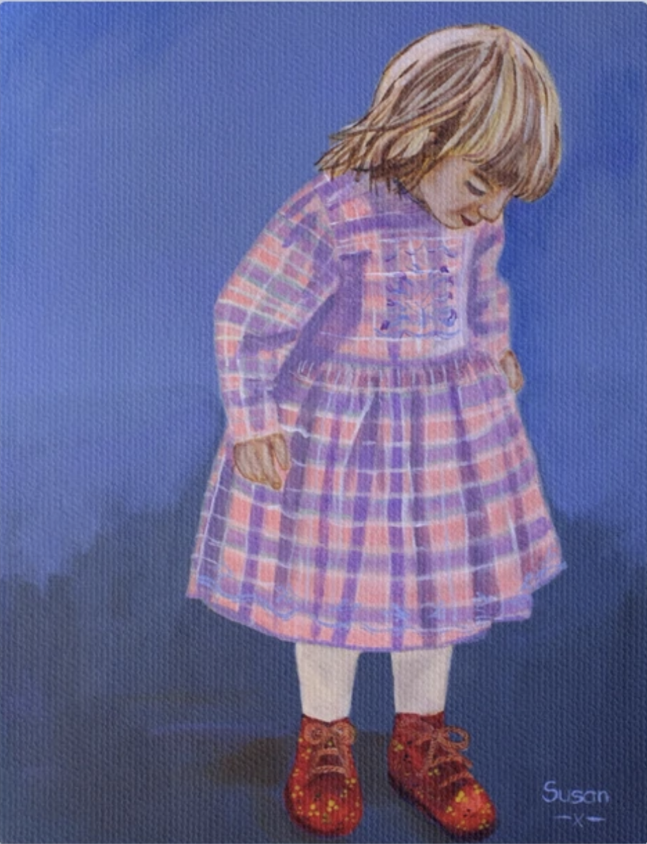 Checkered dress, red shoes, little girl