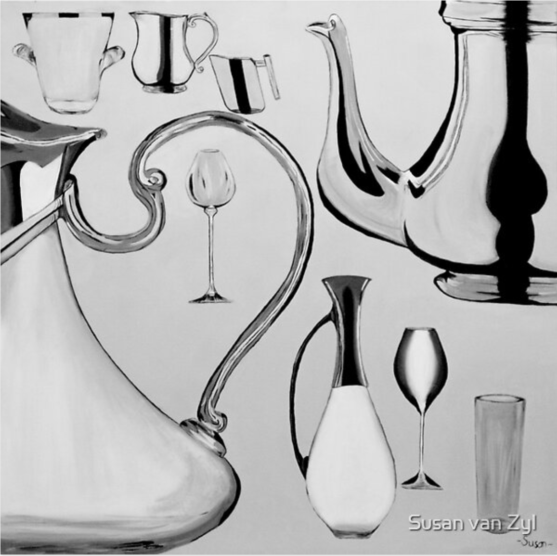 Monochrome, Painting of kitchen pots and stuff, teapot, glasses, wine glass