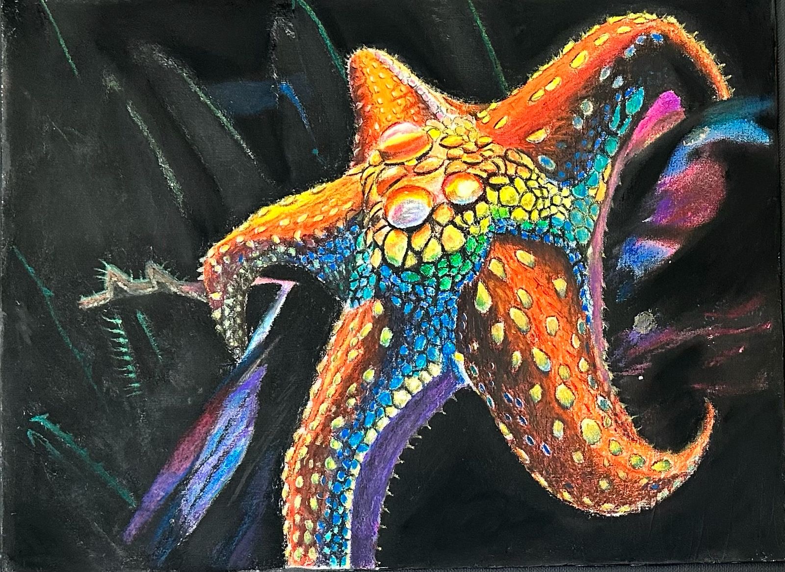 Pastel pencils, sanded canvas