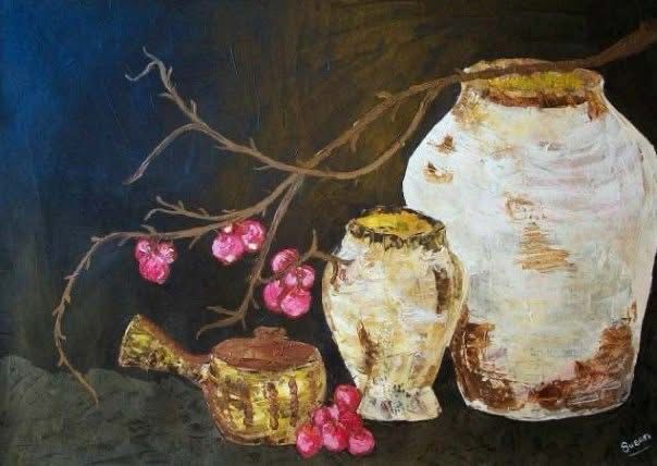 Chinese pots, red cherries, pallet knife painting
