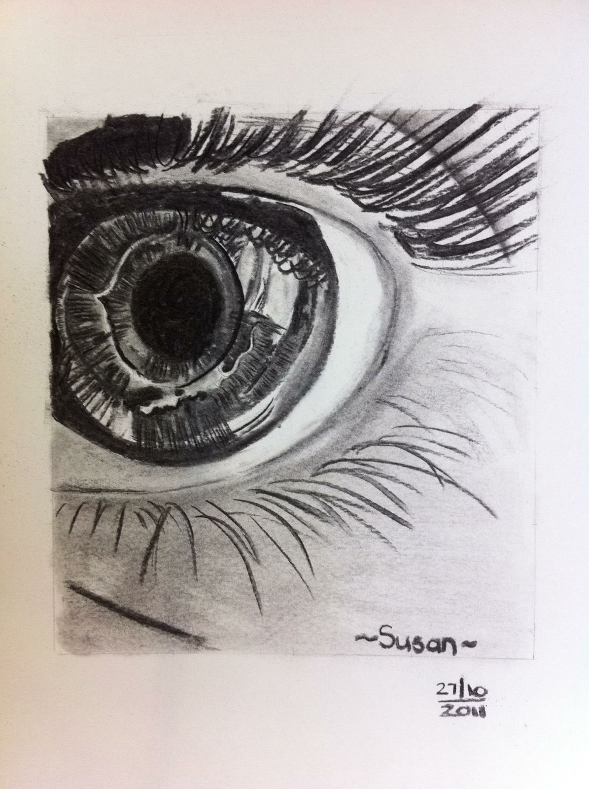 Charcoal, eye, drawing, iris, eye lashes, sketching